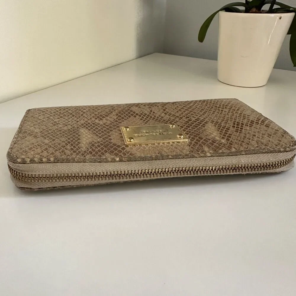 Michael Kors Women Grey Snake skin Zip Around Continental Wallet Golden Hardware